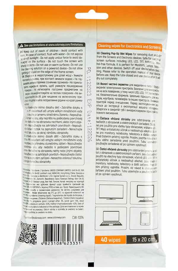 COLORWAY čistící utěrky/ na elektroniku a obrazovky/ 40ks