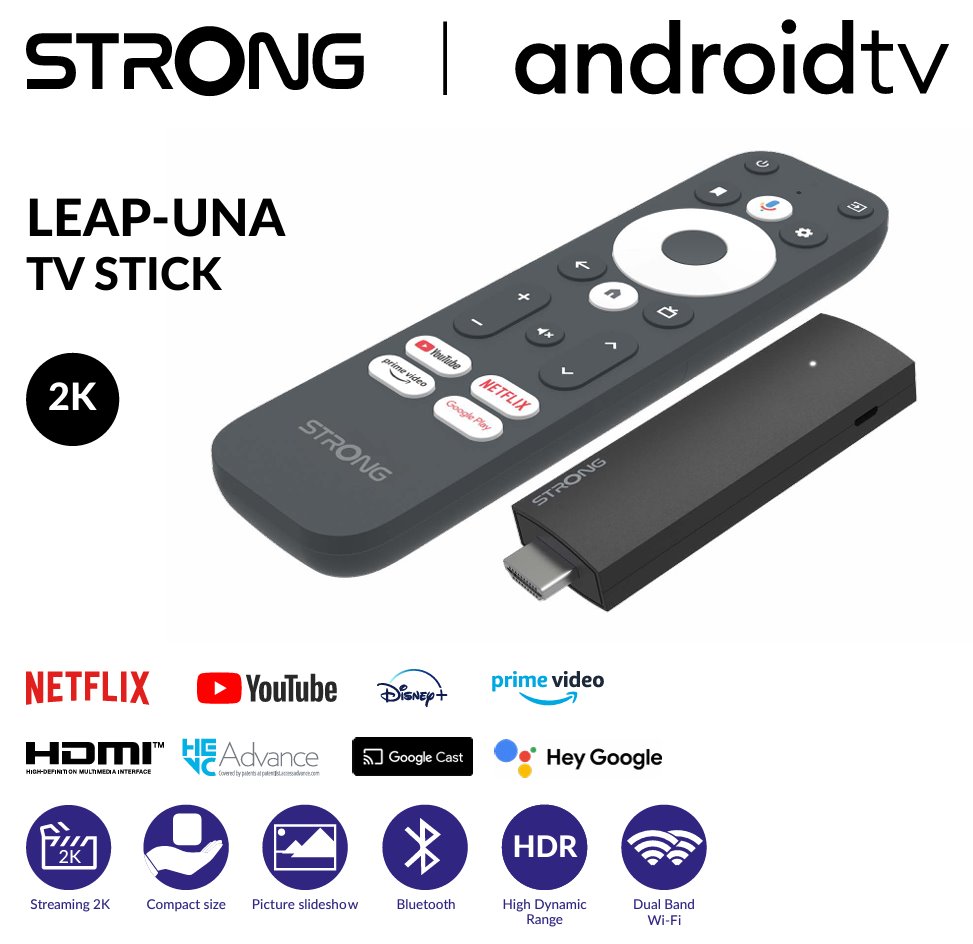 STRONG FHD TV stick LEAP-UNA/ HDMI/ micro USB/ BT/ Wi-Fi/ NETFLIX/ Disney+/ Amazon Prime Video/ Android TV 11/ černý
