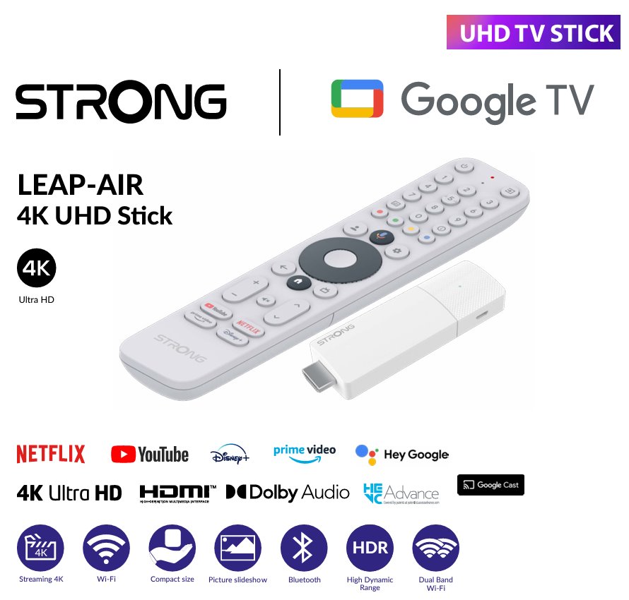 STRONG 4K Google TV stick LEAP-AIR/ 4K Ultra HD/ H.265/ HDMI/ micro USB/ BT/ Wi-Fi/ Chromecast/ NETFLIX/ Google TV/ bílý