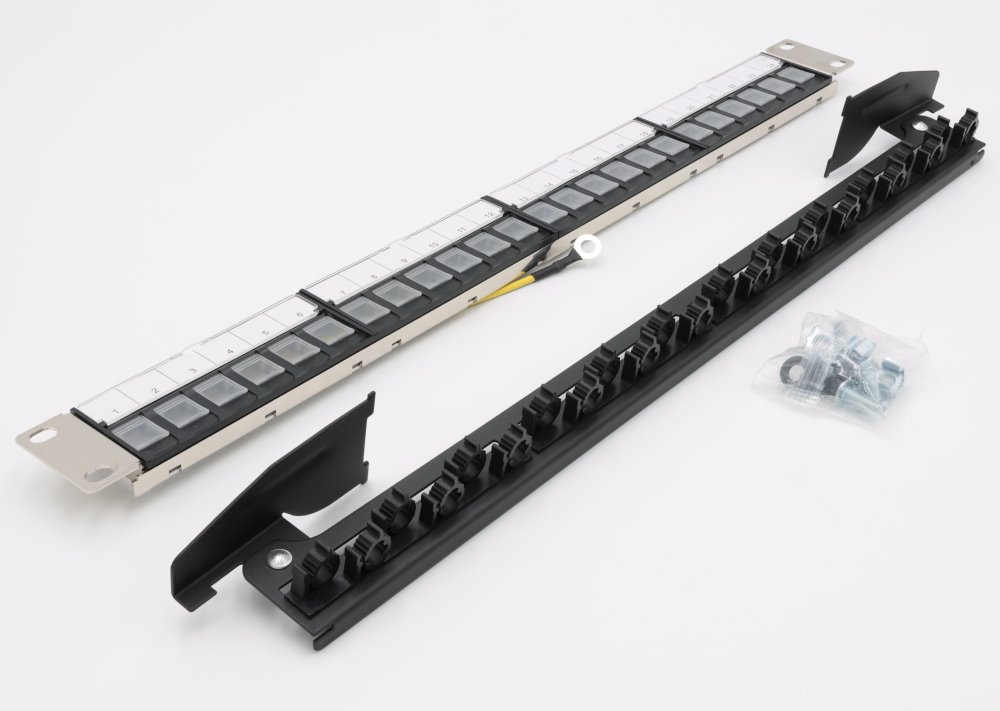 XtendLan Patch panel 19", 24 portů, neosazený, stíněný, černý, Cat5e/6/6A/7, vyvazovák