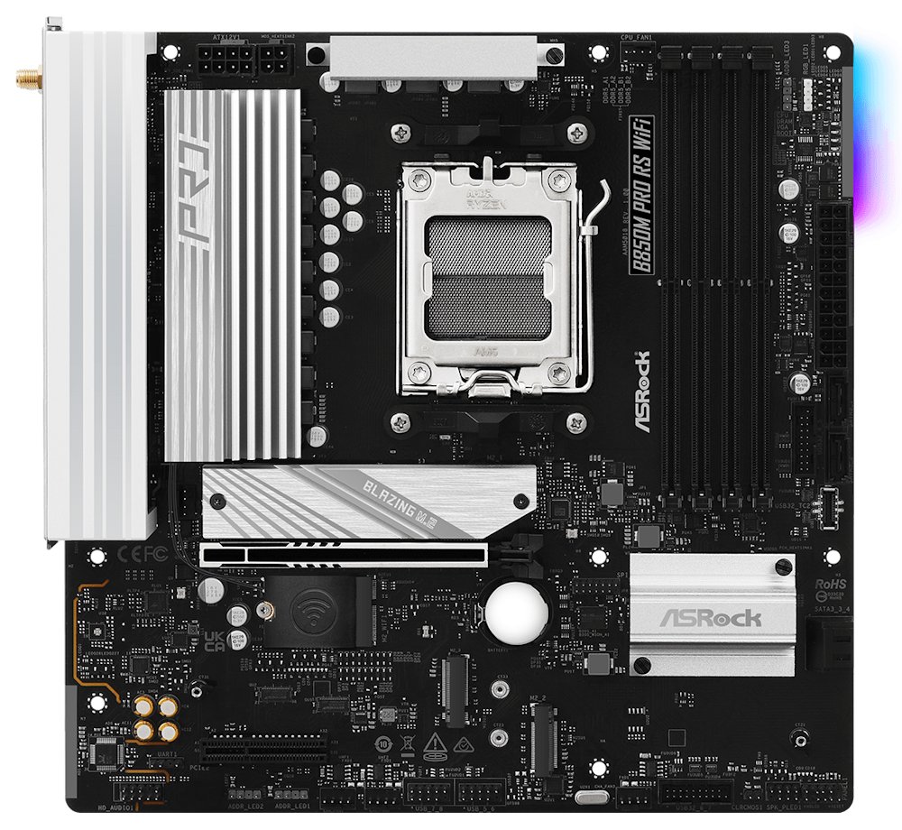 ASRock B850M Pro RS WiFi / AMD B850 / AM5 / 4x DDR5 DIMM / 3x M.2 / HDMI / DP / USB-C / WiFi / mATX