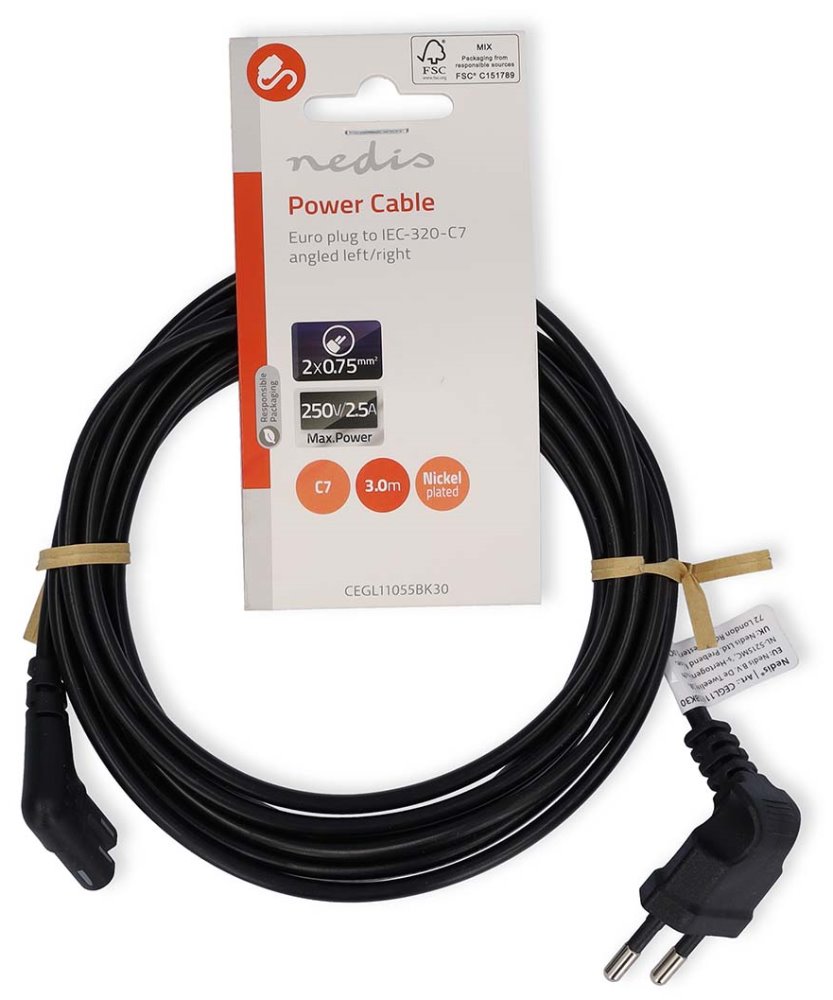 NEDIS napájecí kabel pro adaptéry/ Euro zástrčka - konektor IEC-320-C7/ úhlový-úhlový/ dvoulinka/ černý/ bulk/ 3m