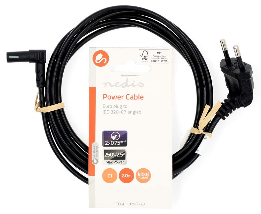 NEDIS napájecí kabel pro adaptéry/ Euro zástrčka - konektor IEC-320-C1/ úhlový-úhlový/ dvoulinka/ černý/ bulk/ 2m