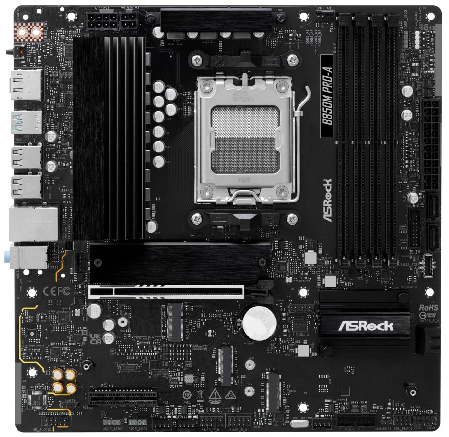 ASRock B850M Pro-A / AMD B850 / AM5 / 4x DDR5 DIMM / 3x M.2 / HDMI / DP / USB-C / mATX
