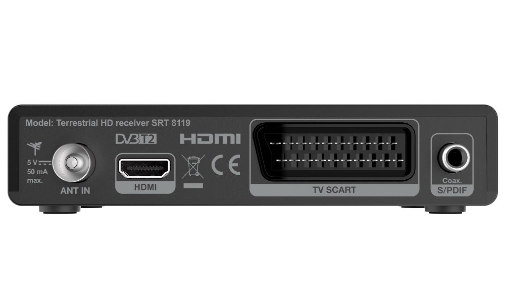 STRONG DVB-T/T2 set-top-box SRT 8119/ s displejem/ Full HD/ H.265/HEVC/ EPG/ USB/ HDMI/ SCART/ černý