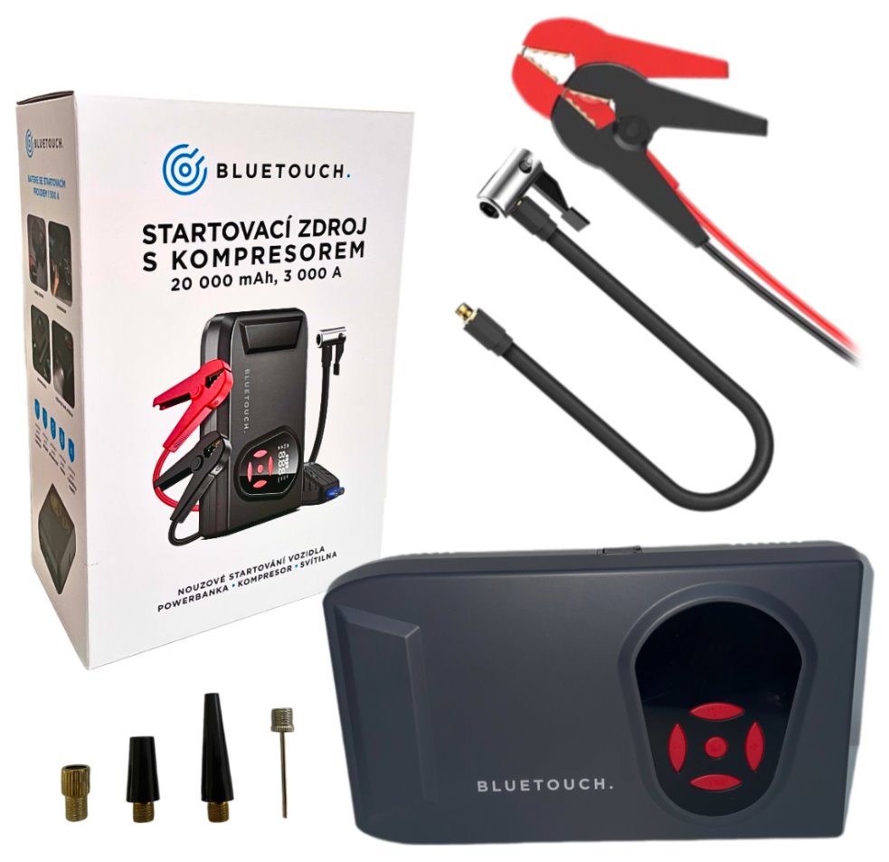 BLUETOUCH startovací zdroj s kompresorem 20.000 mAh a výstupním proudem 3000 A