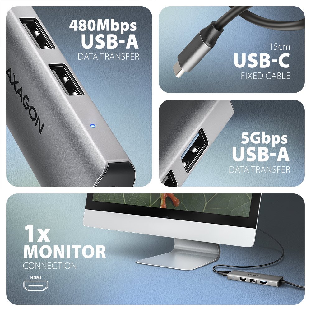 AXAGON multi 4in1 USB-C hub / HMC-H3A / USB 3.2 Gen1 / 3x USB-A / HDMI / 15cm