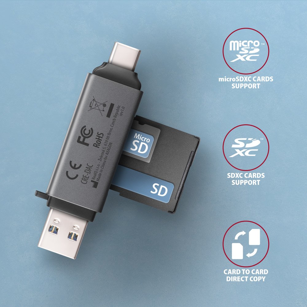 AXAGON čtečka paměťových karet microSD/SD / CRE-DAC / USB 3.2 gen1 / USB-A + USB-C / kovové tělo