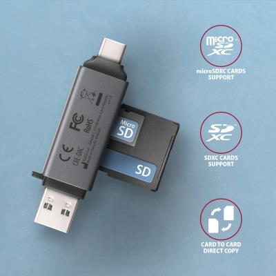 AXAGON čtečka paměťových karet microSD/SD / CRE-DAC / USB 3.2 gen1 / USB-A + USB-C / kovové tělo