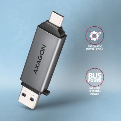 AXAGON čtečka paměťových karet microSD/SD / CRE-DAC / USB 3.2 gen1 / USB-A + USB-C / kovové tělo