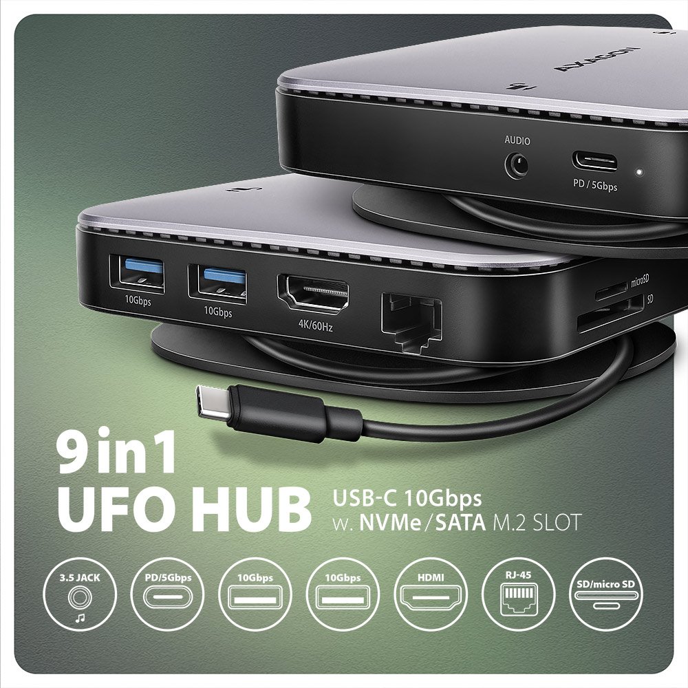 AXAGON multi USB-C hub 9in1 UFO / HMC-UFO / PD 100W / 1xNVME slot / 1xUSB-C / 2xUSB-A / HDMI / RJ-45 / SD/MicroSD / 65cm