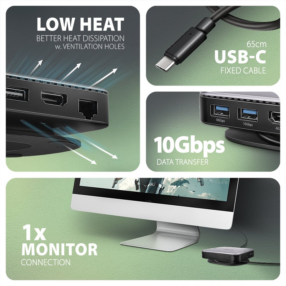AXAGON multi USB-C hub 9in1 UFO / HMC-UFO / PD 100W / 1xNVME slot / 1xUSB-C / 2xUSB-A / HDMI / RJ-45 / SD/MicroSD / 65cm