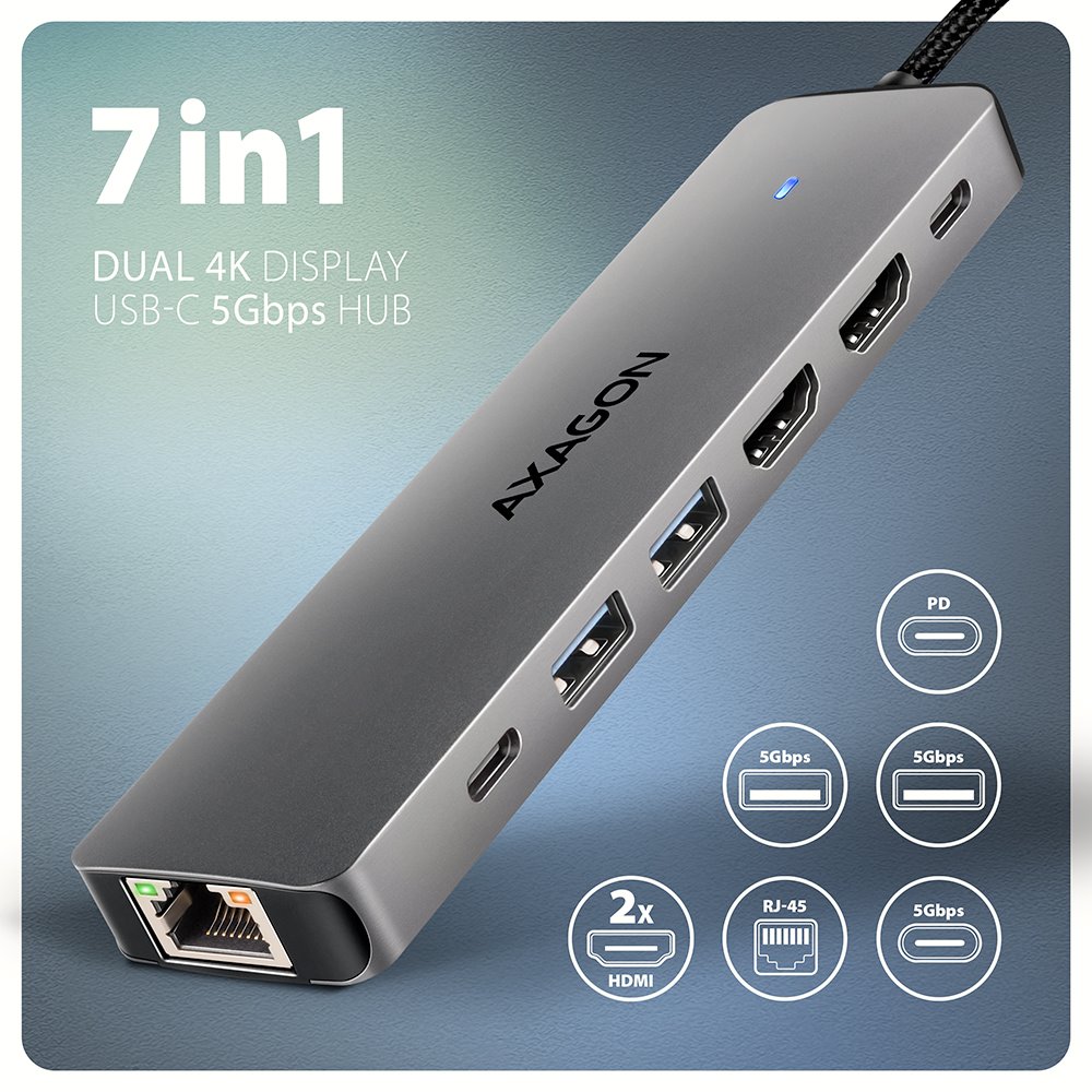 AXAGON multi USB-C hub 7in1 / HMC-7HX2 / PD 100W / 1xUSB-C / 2xUSB-A / 2xHDMI / RJ-45 / kabel 15cm