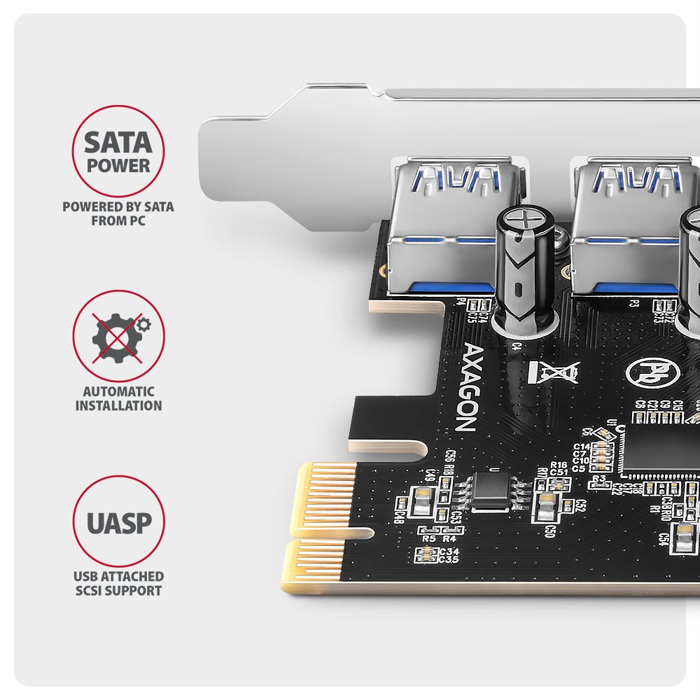 AXAGON řadič do PCIe pro 4x USB Typ-A / USB 5Gbps / PCEU-430RS / SP/ čip Renesas
