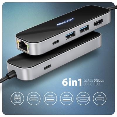 AXAGON multi 6in1 USB-C hub / HMC-6GLN / USB 3.2 Gen1 / PD 100W / 1x USB-C / 2x USB-A / HDMI / RJ-45 / 20cm
