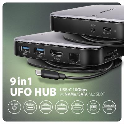 AXAGON multi USB-C hub 9in1 UFO / HMC-UFO / PD 100W / 1xNVME slot / 1xUSB-C / 2xUSB-A / HDMI / RJ-45 / SD/MicroSD / 65cm