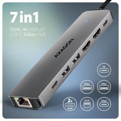 AXAGON multi USB-C hub 7in1 / HMC-7HX2 / PD 100W / 1xUSB-C / 2xUSB-A / 2xHDMI / RJ-45 / kabel 15cm