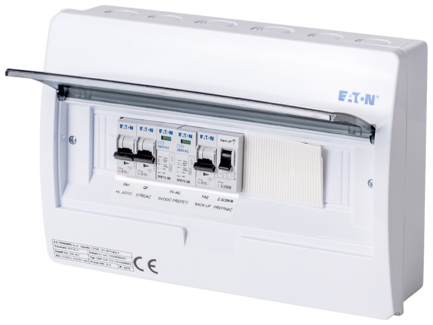 Solarmi ACZ1 osazený rozvaděč pro fotovoltaiku, jističe, chránič, 3,7kW 1f, backup