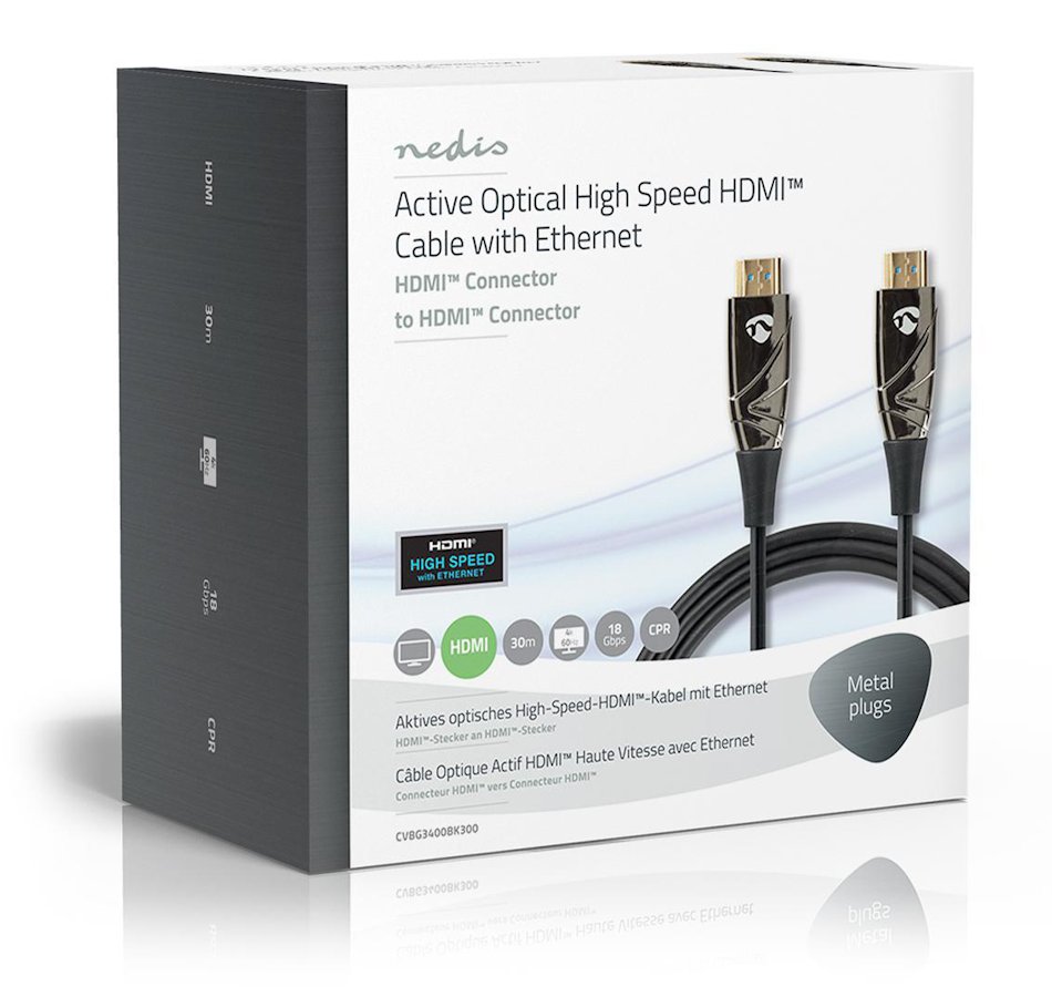 NEDIS aktivní optický High Speed HDMI 2.0 kabel s ethernetem/ 4K@60Hz/ zlacené konektory HDMI-HDMI/ černý/ BOX/ 30m