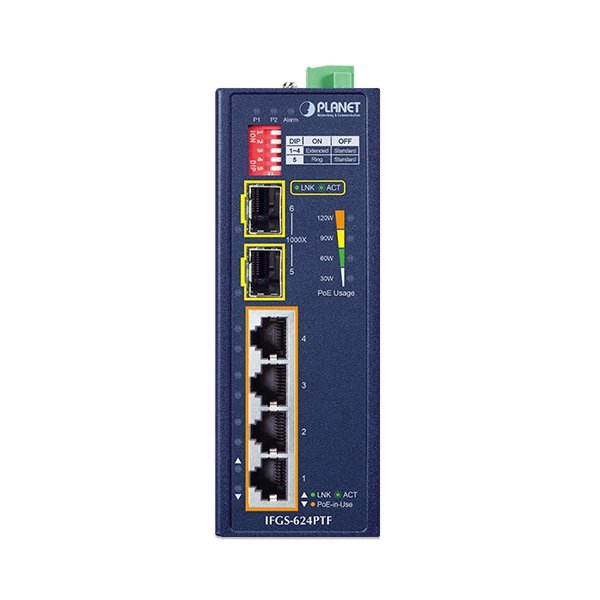 Planet IFGS-624PTF průmyslový L2 switch, 4x 10/100, 2x 1Gb SFP, 4x 802.3at PoE, -40~75°C, 12-54VDC, IP40, fanless, RING
