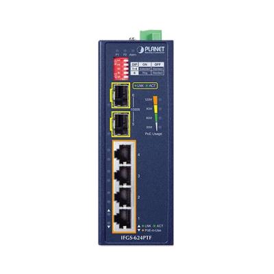 Planet IFGS-624PTF průmyslový L2 switch, 4x 10/100, 2x 1Gb SFP, 4x 802.3at PoE, -40~75°C, 12-54VDC, IP40, fanless, RING