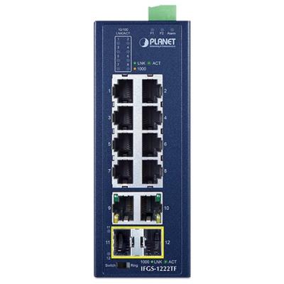Planet IFGS-1222TF průmyslový L2 switch, 8x 10/100TX, 2x 1Gb, 2x 1Gb SFP, -40~75°C, 9-48VDC, IP30, fanless, RING