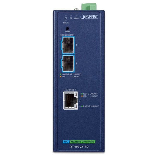 Planet IXT-900-2X1PD průmyslový konvertor 1x 10G Base-T PoE PD / 2x SFP+ 10GBase-X, IP40,-40~75°C, dual power, SNMP