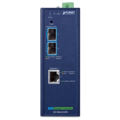 Planet IXT-900-2X1PD průmyslový konvertor 1x 10G Base-T PoE PD / 2x SFP+ 10GBase-X, IP40,-40~75°C, dual power, SNMP