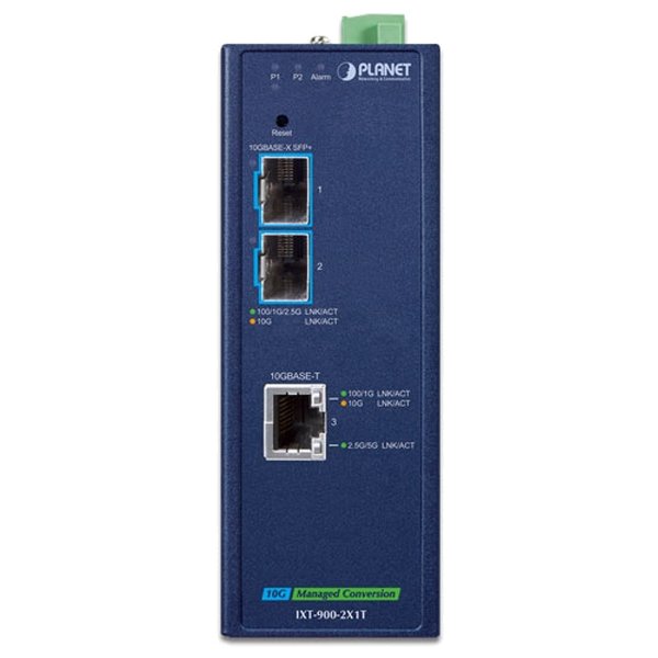 Planet IXT-900-2X1T průmyslový konvertor 1x 10G Base-T / 2x SFP+ 10GBase-X, IP40, -40~75°C, dual power, SNMP