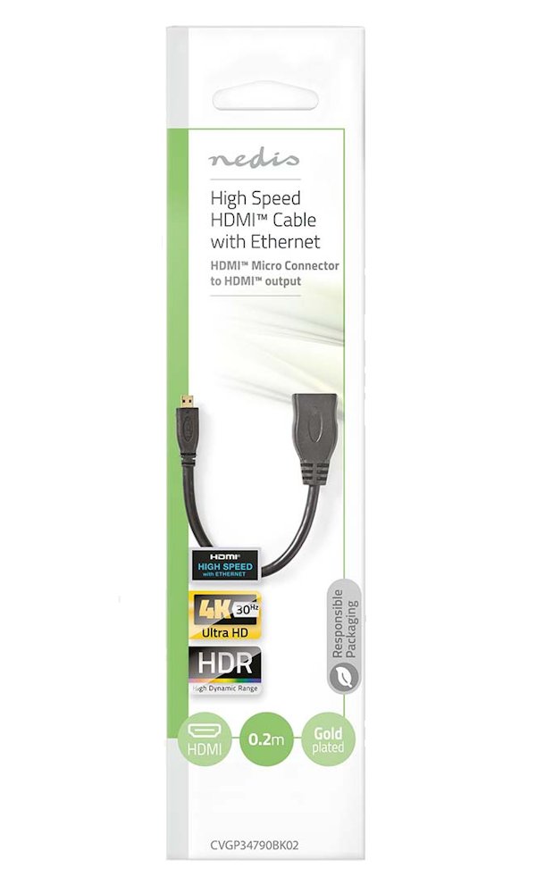 NEDIS High Speed HDMI kabel s Ethernetem/ micro HDMI zástrčka - HDMI zásuvka/ 4K@30Hz/ 10.2 Gbps/ 20cm