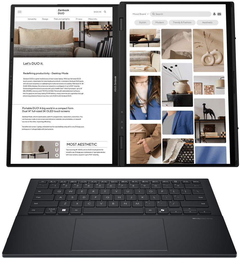 ASUS Zenbook Duo/ Core Ultra 9 285H/ 32GB/ 2 TB SSD/ Intel Arc/ 14"WQXGA+,120Hz,touch,OLED/ W11P/ šedý
