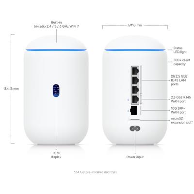 Ubiquiti UniFi Dream Router 7  - Router, 2,4/5/6GHz, Wi-Fi 7, Full UniFi OS, IDS/IPS, 4x 2.5GbE, 1x SFP+, 1x PoE(15W)