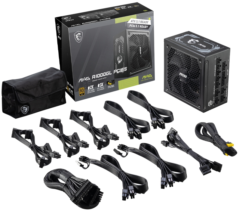 MSI zdroj MAG A1000GL PCIE5/ 1000W/ ATX3.1/ akt. PFC/ 7 let celk. záruka/ 135mm fan/ modulární kabeláž/ 80PLUS Gold