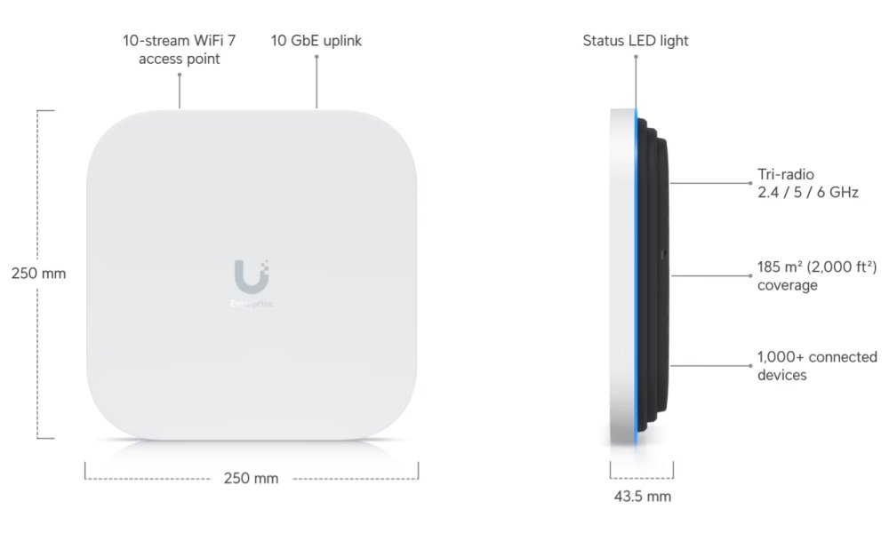 Ubiquiti UniFi E7 - Enterprise Wi-Fi 7 AP, 2.4/5/6GHz, až 20.8Gbps, 1x 10GbE, 1x GbE, vnitřní, PoE++ (bez PoE inj.)