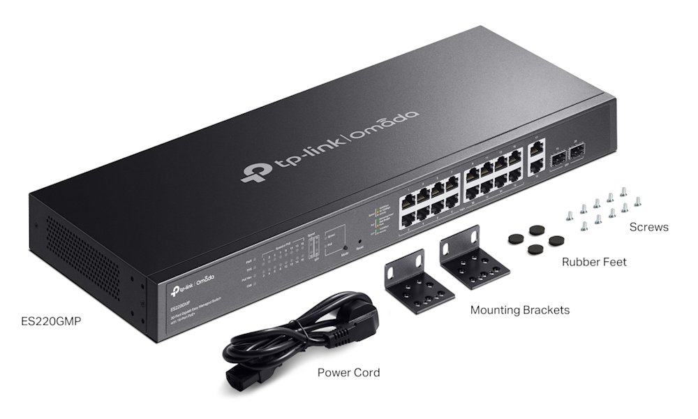 TP-Link ES220GMP, Omada 20-Port Gigabit Easy Managed Switch, 2x GLAN, 2x SFP, 16x GLAN PoE+, 250W PoE budget