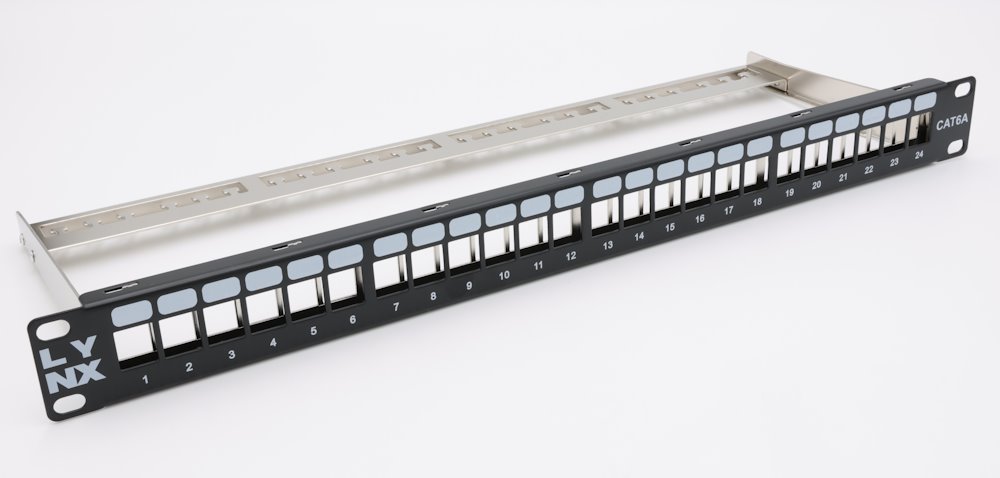 LYNX Patch panel 19", 24 portů, neosazený, stíněný, černý, Cat5e/6/6A/7, vyvazovák
