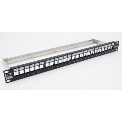 LYNX Patch panel 19", 24 portů, neosazený, stíněný, černý, Cat5e/6/6A/7, vyvazovák