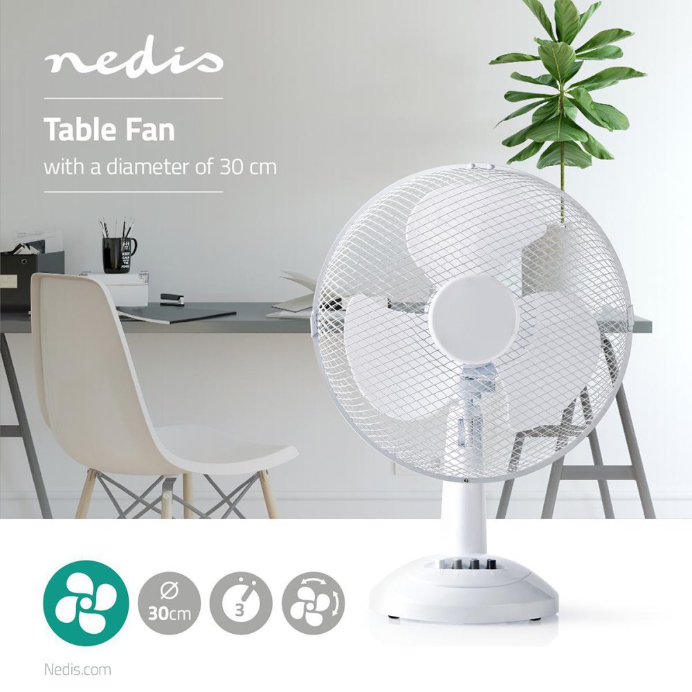 NEDIS stolní ventilátor/ průměr 30 cm/ výkon 35 W/ 3 rychlosti/ funkce oscilace/ kabel 1,5 m/ bílý