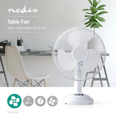 NEDIS stolní ventilátor/ průměr 30 cm/ výkon 35 W/ 3 rychlosti/ funkce oscilace/ kabel 1,5 m/ bílý