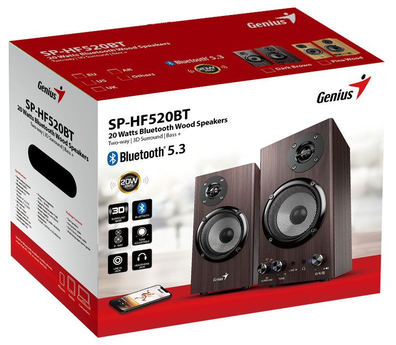 GENIUS repro SP-HF520BT Dark Brown/ 2.0/ Bluetooth 5.3/ 20W/ Dřevěné/ tmavě hnědé