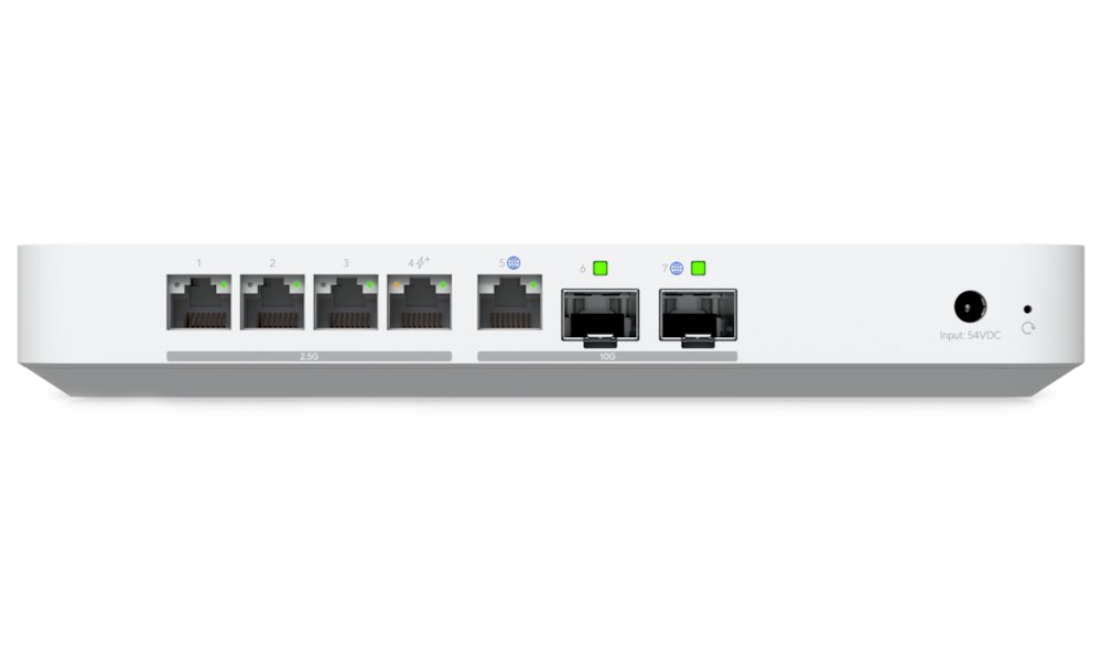Ubiquiti UniFi Gateway Fiber - Router, IDS/IPS propustnost 5Gbps, 4x 2.5GbE, 1x 10GbE, 2x SFP+, 1x PoE+ (30W)