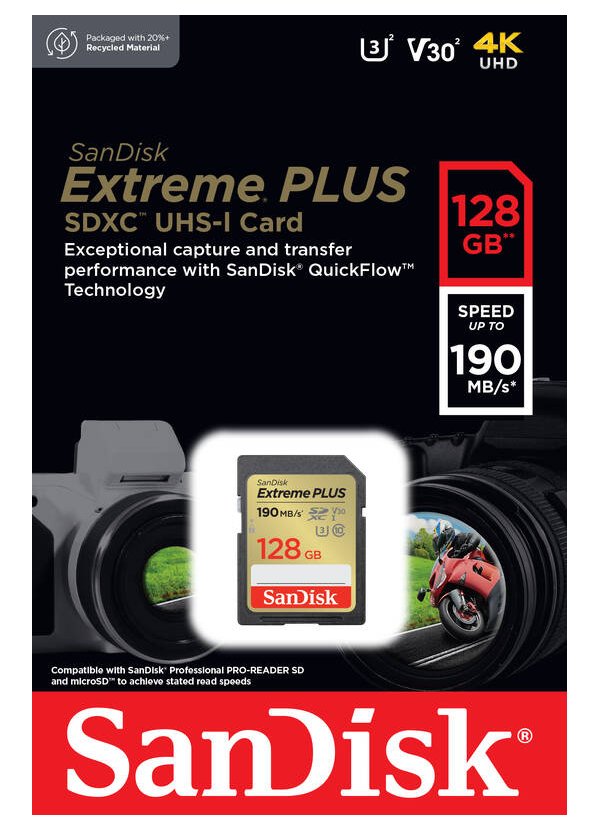 SanDisk Extreme PLUS 128GB SDXC / UHS-I, Class 10, U3, V30 /  up to 190MB/s & 90MB/s Read/Write / + 2 years RescuePRO
