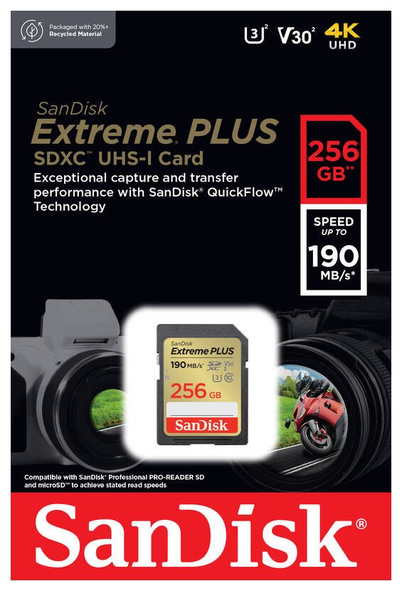 SanDisk Extreme PLUS 256GB SDXC / UHS-I, Class 10, U3, V30 /  up to 190MB/s & 130MB/s Read/Write / + 2 years RescuePRO
