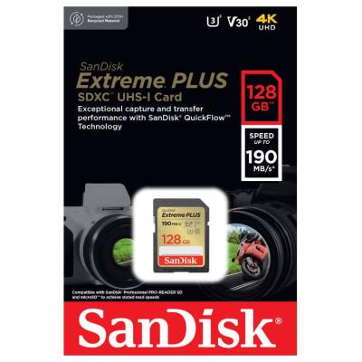 SanDisk Extreme PLUS 128GB SDXC / UHS-I, Class 10, U3, V30 /  up to 190MB/s & 90MB/s Read/Write / + 2 years RescuePRO