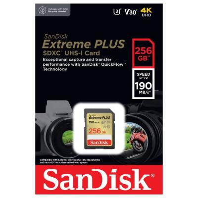 SanDisk Extreme PLUS 256GB SDXC / UHS-I, Class 10, U3, V30 /  up to 190MB/s & 130MB/s Read/Write / + 2 years RescuePRO