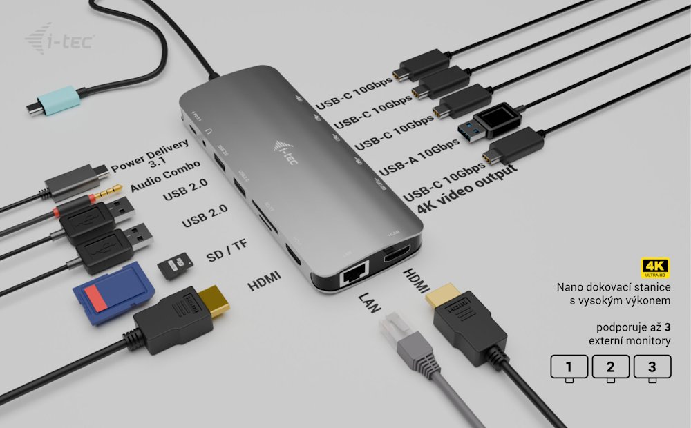 i-tec dokovací stanice USB-C Metal Nano 3x Display Dock, 2x HDMI 1x USB-C video, Power Delivery 140W