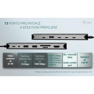 i-tec dokovací stanice USB-C Metal Nano 3x Display Dock, 2x HDMI 1x USB-C video, PD 140W + nabíječka 140 W