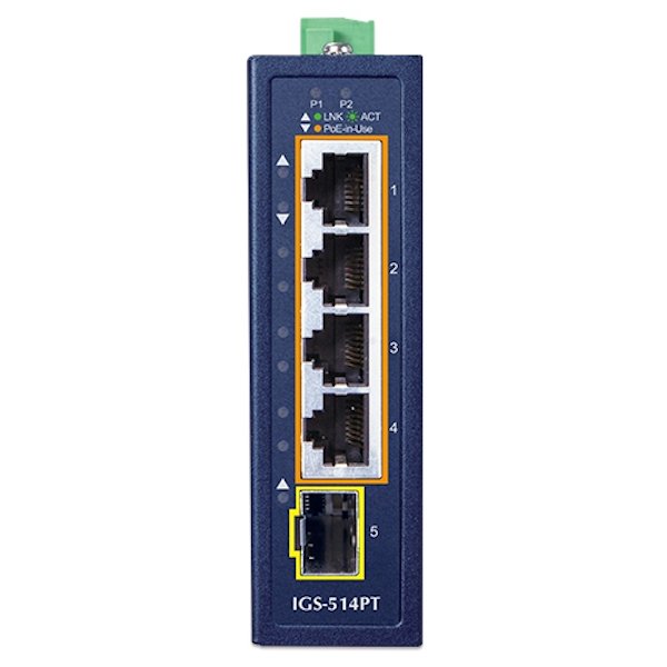 Planet IGS-514PT kompaktní průmyslový L2/L4 switch, 4x1Gb, 1x1G SFP, 4x1Gb PoE+ 802.3at 120W, -40~75°C, IP30, fanless