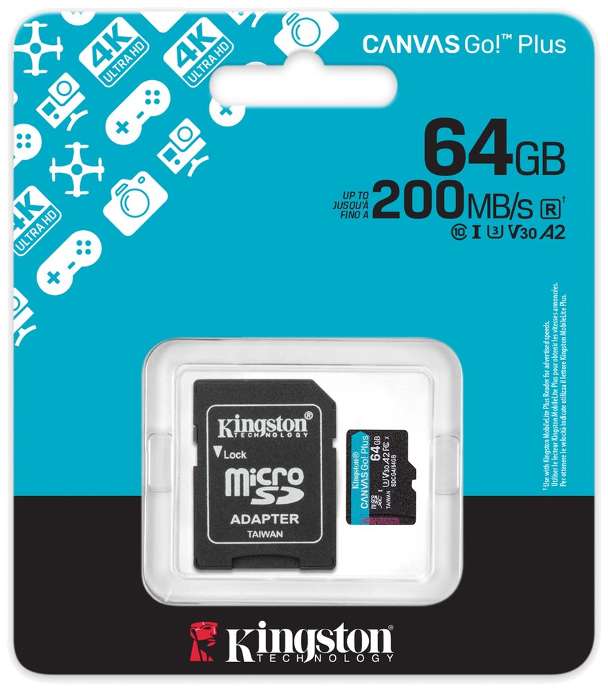 KINGSTON Canvas Go Plus Gen4 64GB microSDXC / C10 / UHS-I U3 V30 / up to  200MB/s / vč. adaptéru