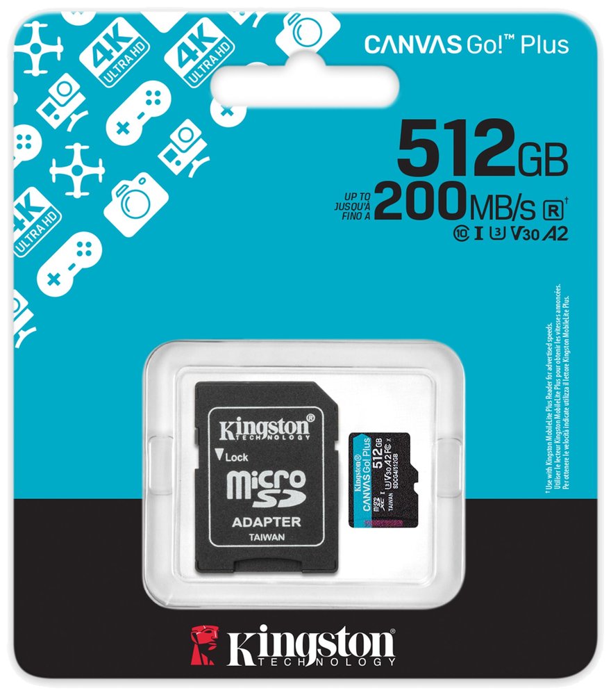 KINGSTON Canvas Go Plus Gen4 512GB microSDXC / C10 / UHS-I U3 V30 / up to  200MB/s / vč. adaptéru